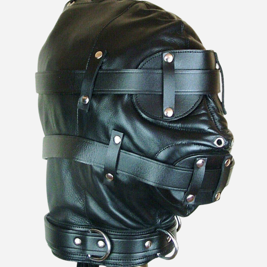 Real Leather Gothic Hood Mask With Blindfold and Mouth Gag, Laced back.