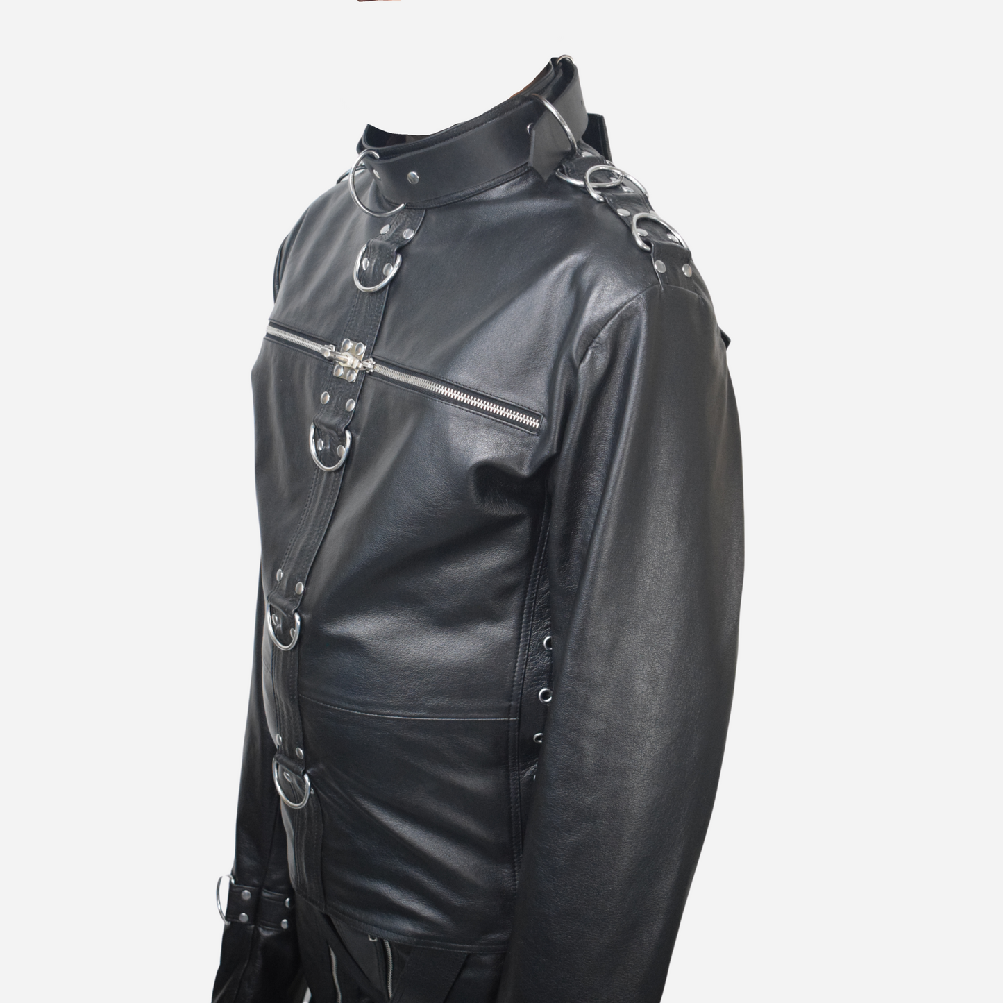 Premium real leather straight jacket & pants for men,with adjustable D-rings, side lacing, and triple back straps.