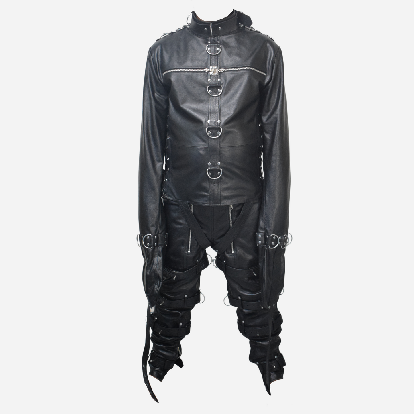 Premium real leather straight jacket & pants for men,with adjustable D-rings, side lacing, and triple back straps.