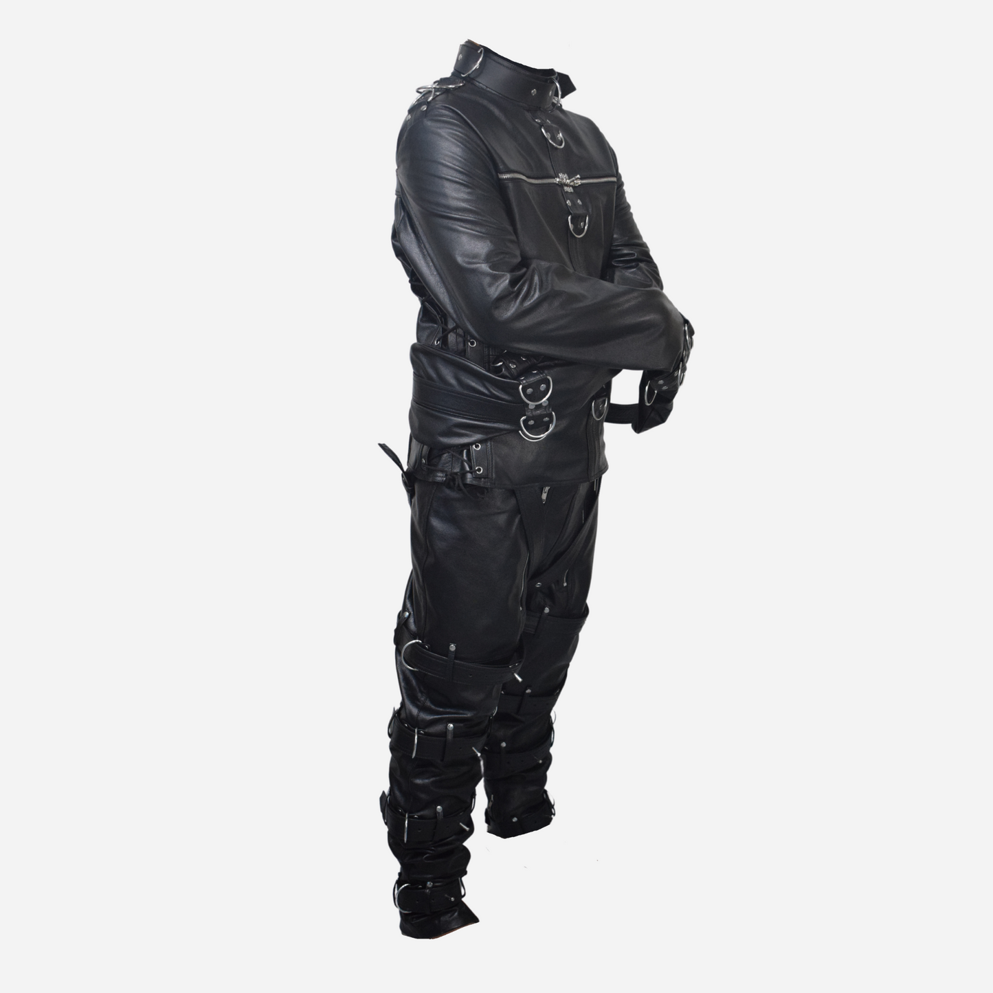 Premium real leather straight jacket & pants for men,with adjustable D-rings, side lacing, and triple back straps.
