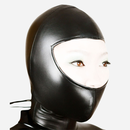 Real Leather Open Face Hood Mask with lace-up back for fetish cosplay.