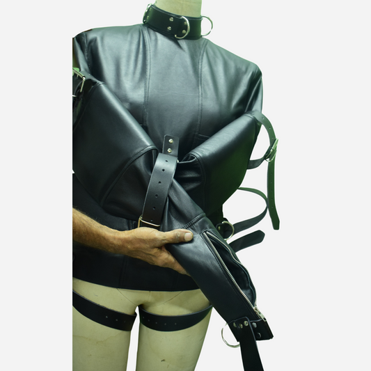 Real Leather Padded strait jacket with velcro closure.