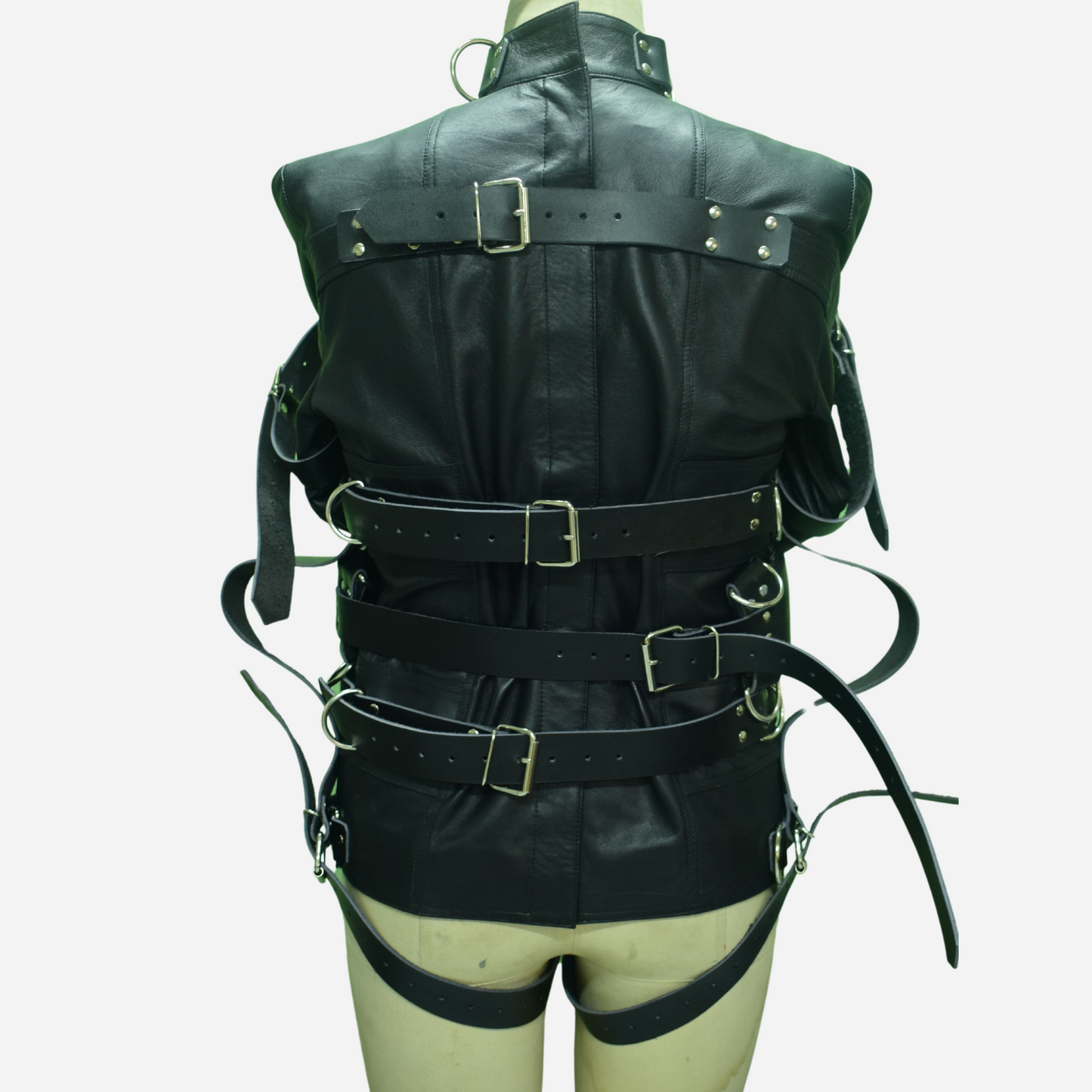 Real Leather Padded strait jacket with velcro closure.