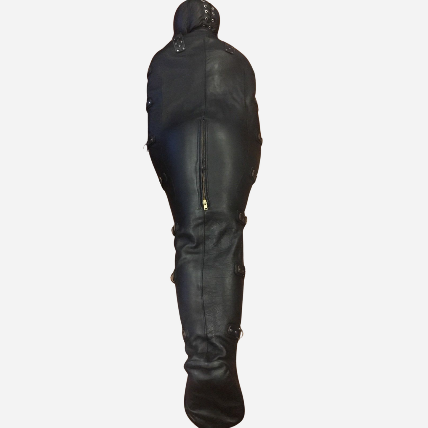 Our leather bondage sleepsack, featuring padded hood, D-rings, zippers.