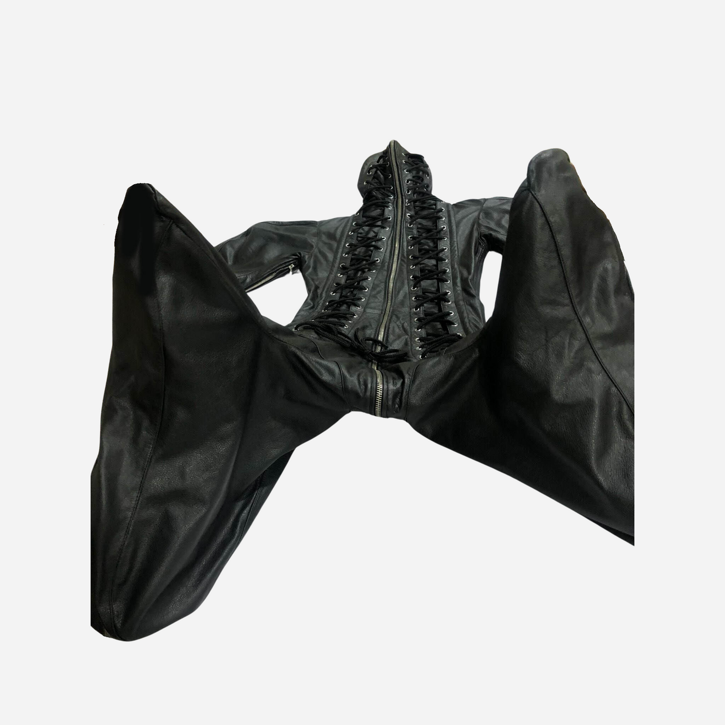 Explore our Real Leather Sleepsack with Hood Mask and Lacing. Designed for intense sensory play, it includes adjustable arm and leg binders, a two-way zipper, and steel boned support. Ideal for those seeking durable, high-quality bondage gear. Order now for an unforgettable experience!