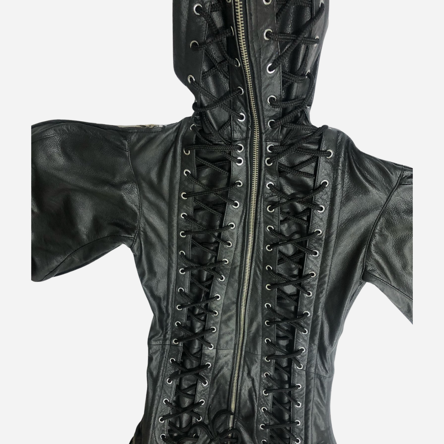 Explore our Real Leather Sleepsack with Hood Mask and Lacing. Designed for intense sensory play, it includes adjustable arm and leg binders, a two-way zipper, and steel boned support. Ideal for those seeking durable, high-quality bondage gear. Order now for an unforgettable experience!