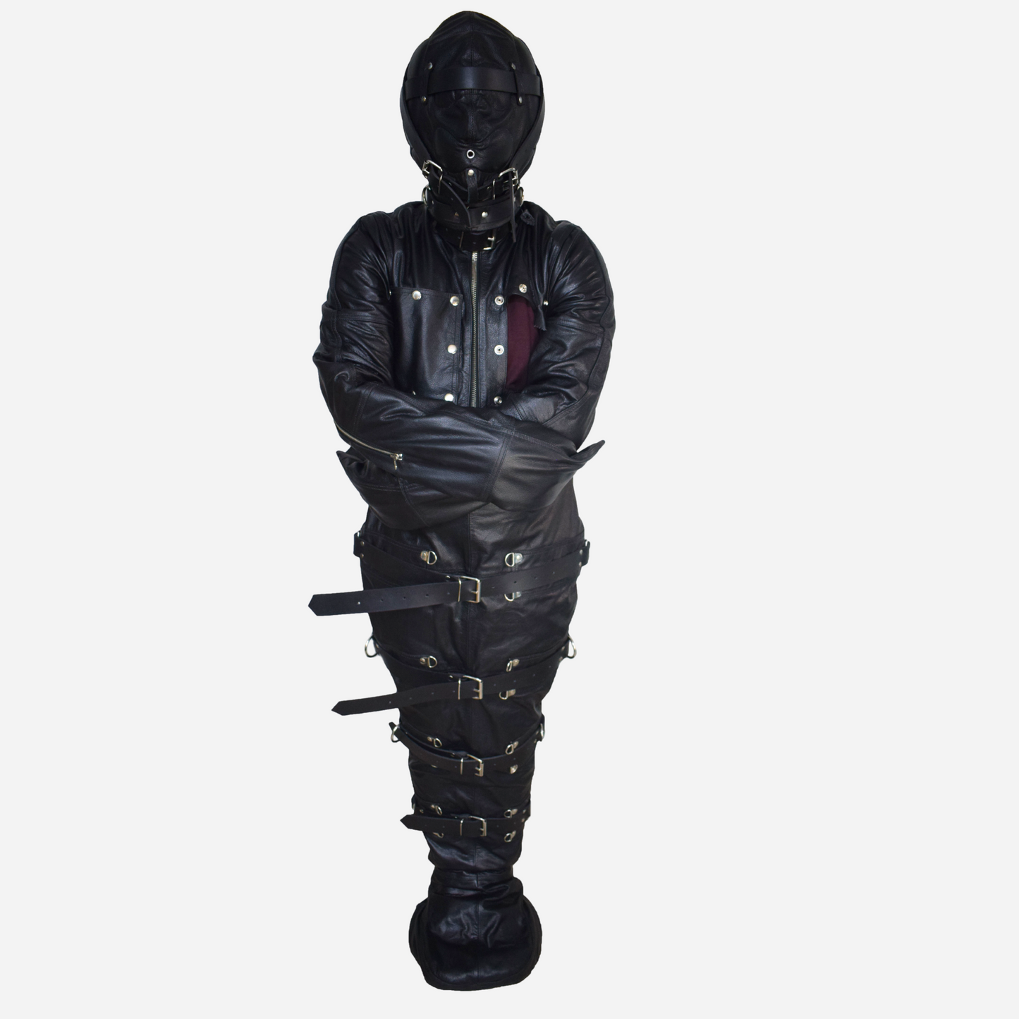 Real Leather bondage sleepsack with detachable hood mask for cosplay, detachable bust area and adjustable straps.