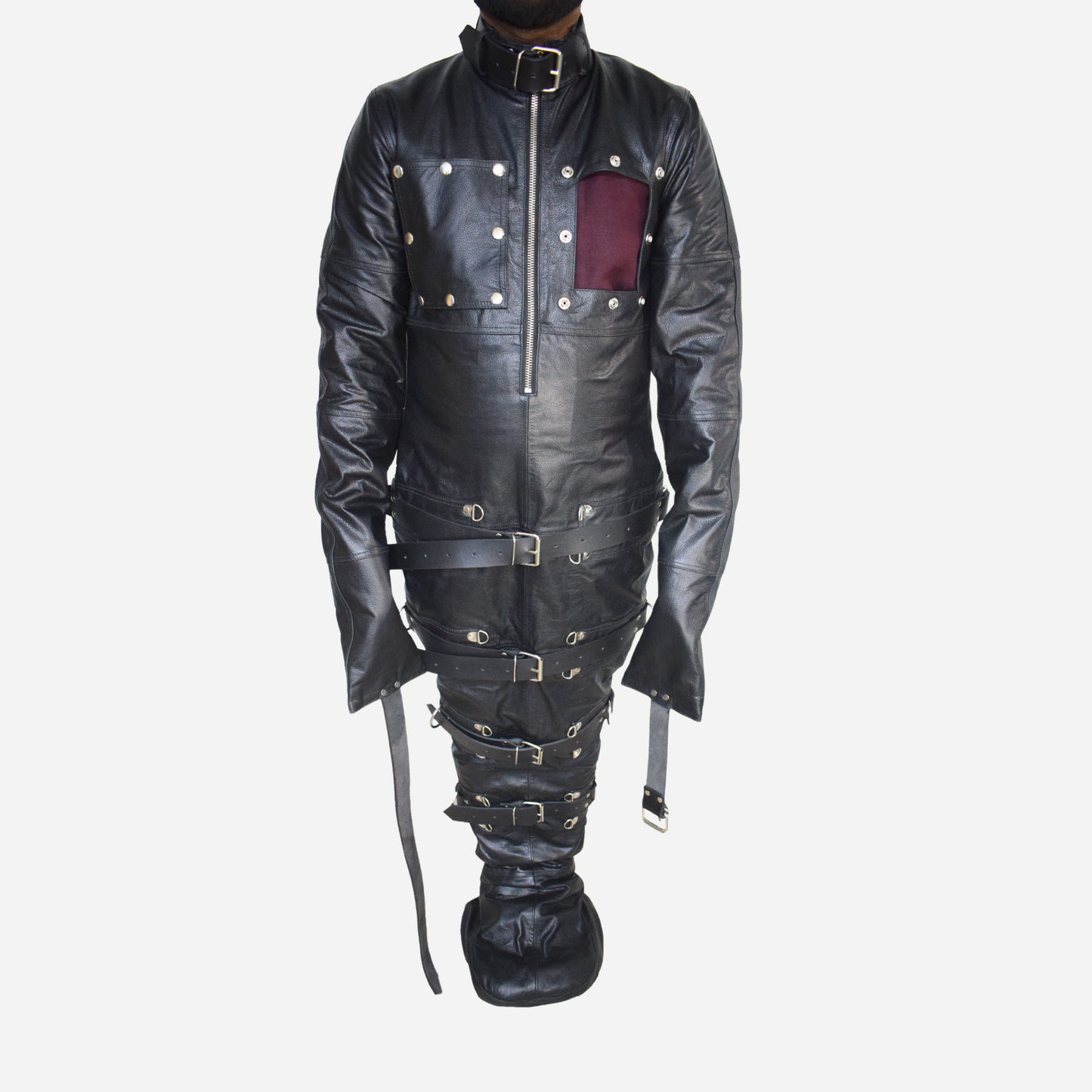 Real Leather bondage sleepsack with detachable hood mask for cosplay, detachable bust area and adjustable straps.