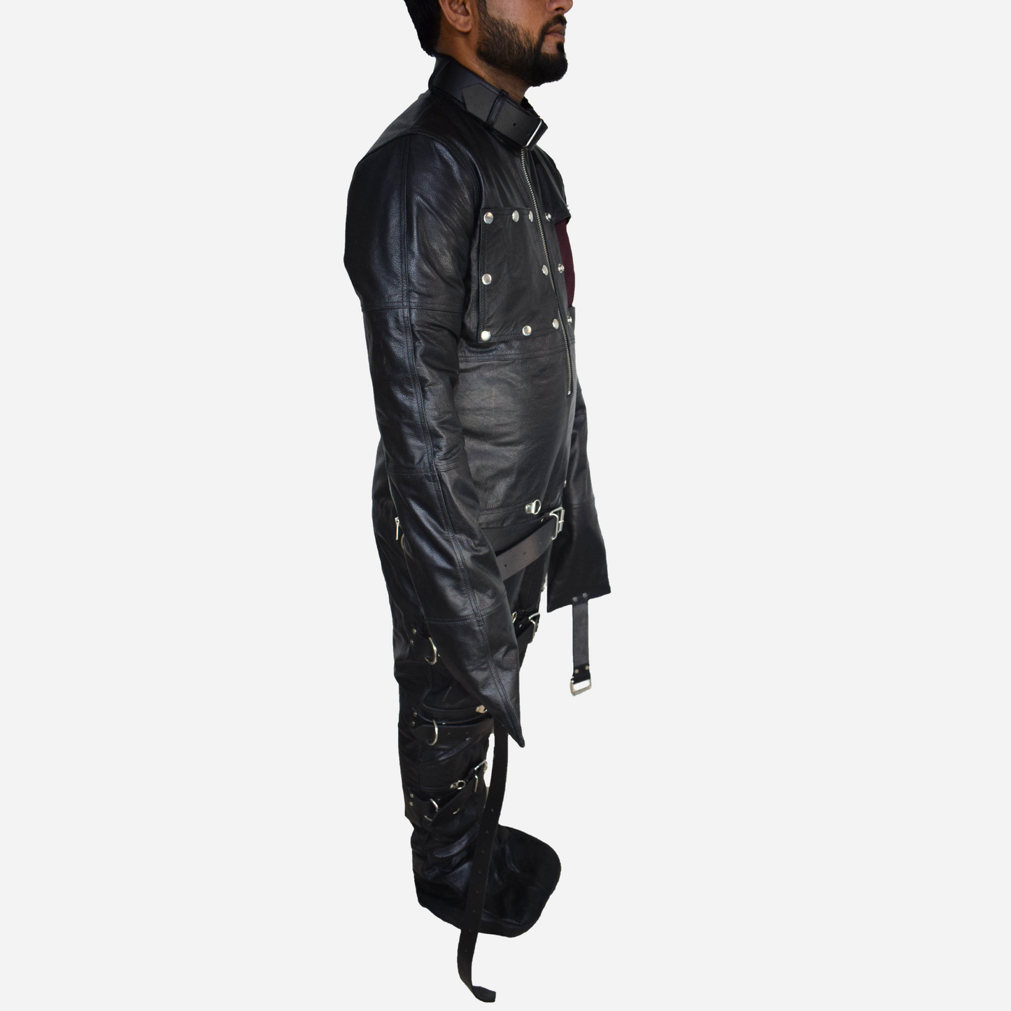 Real Leather bondage sleepsack with detachable hood mask for cosplay, detachable bust area and adjustable straps.
