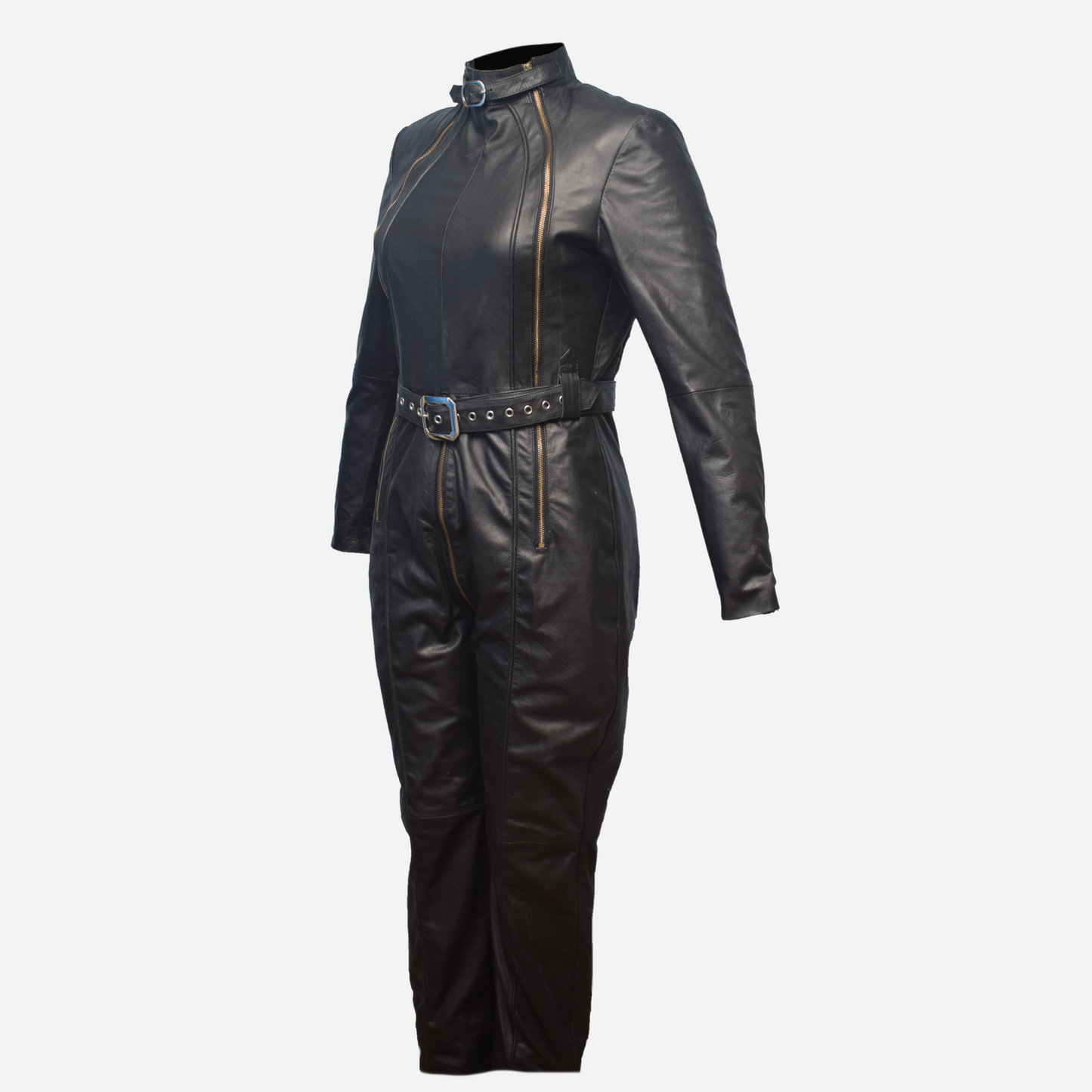 Our Genuine Leather Catsuit with two ways zipper fastening front and adjustable waist belt.
