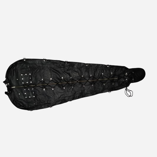 Explore our Premium Genuine Leather Sleep Sack a unique body bag crafted from top-quality leather. Featuring a stand-up collar with dual button closure, adjustable front lacing, and dual YKK zippers for easy wear. Professionally handmade with premium stitching, available in sizes S to 4XL, and custom options. Discover luxury and comfort today!