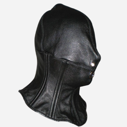 Real leather suffocating Hood Mask With steel boned collar lace up back.