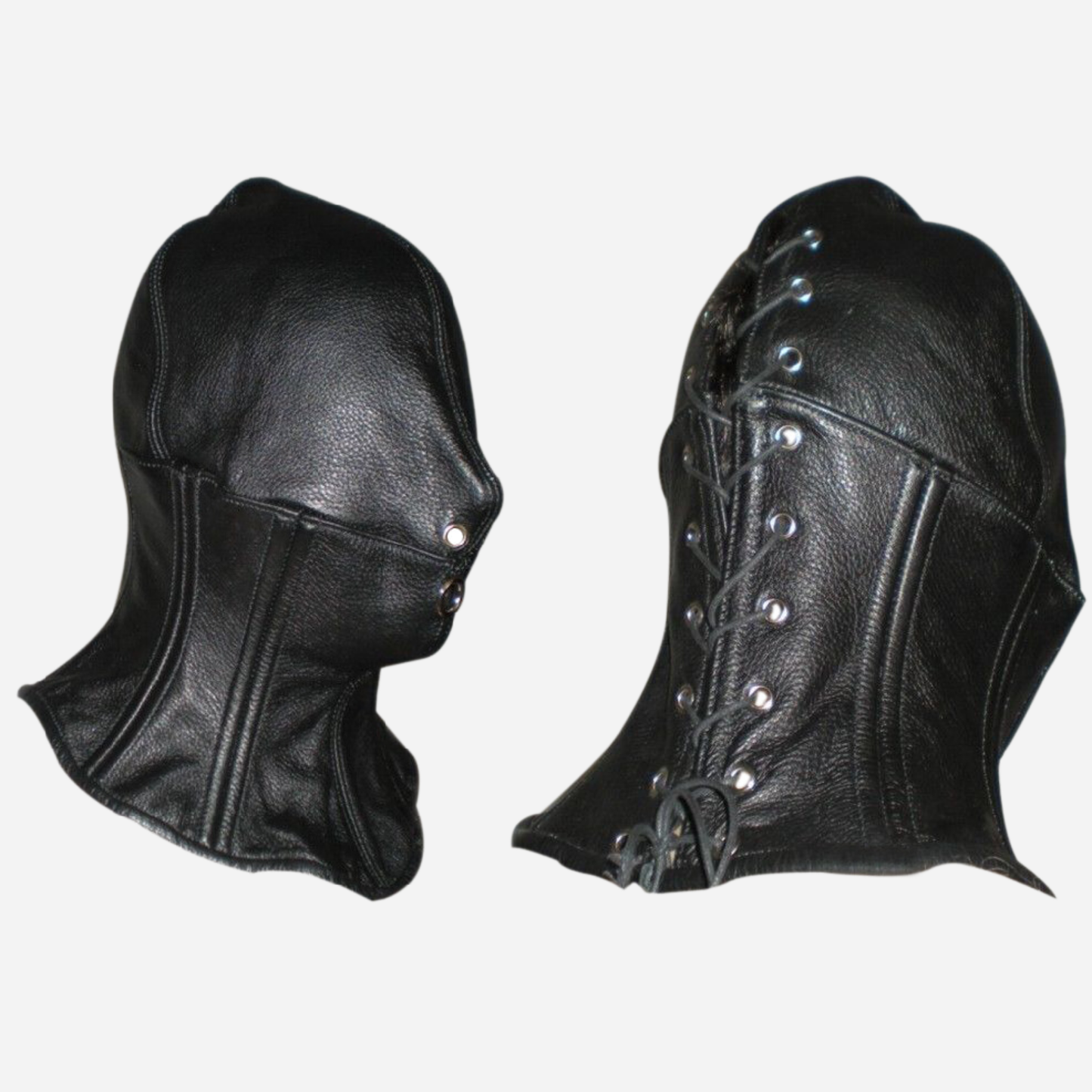 Real leather suffocating Hood Mask With steel boned collar lace up back.