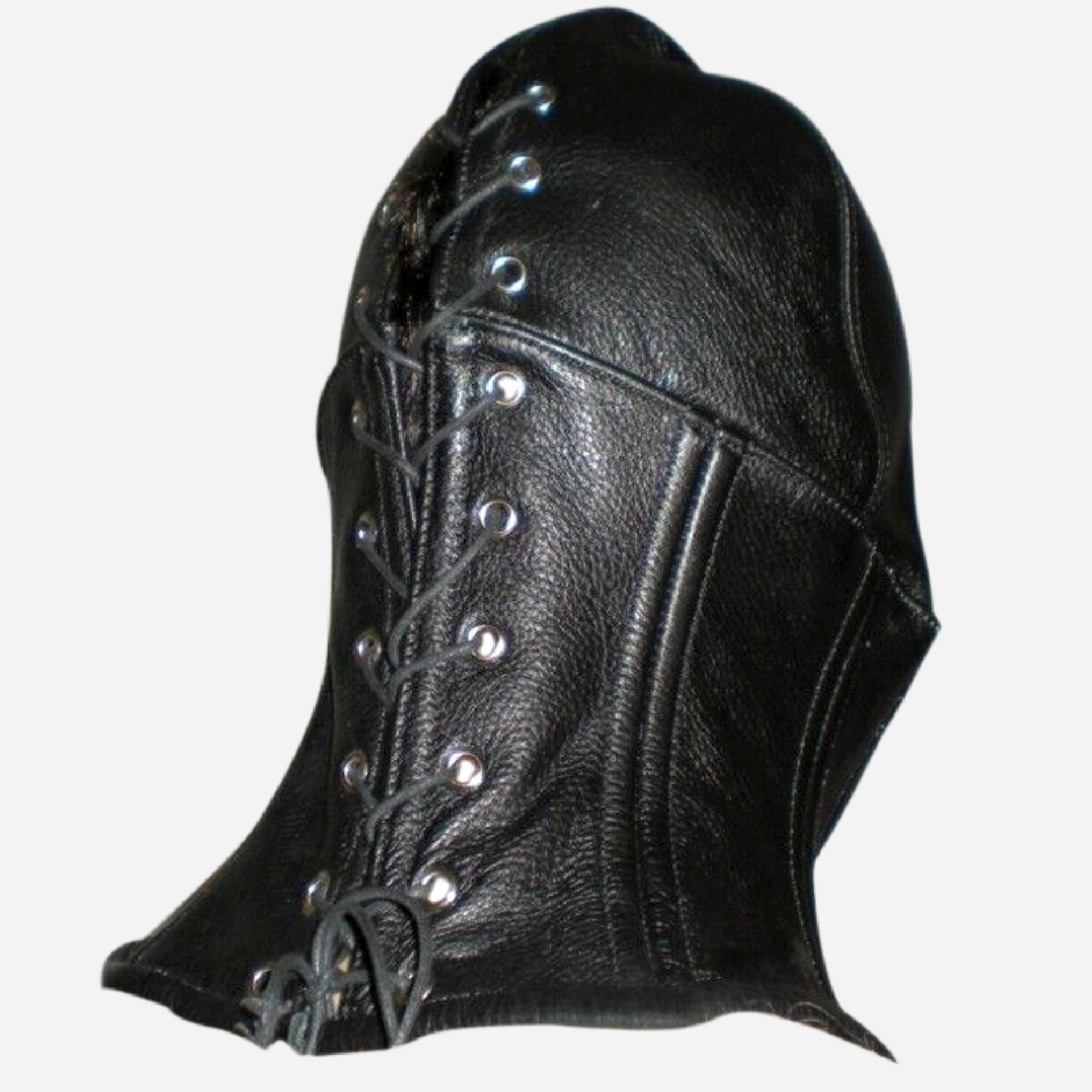 Real leather suffocating Hood Mask With steel boned collar lace up back.