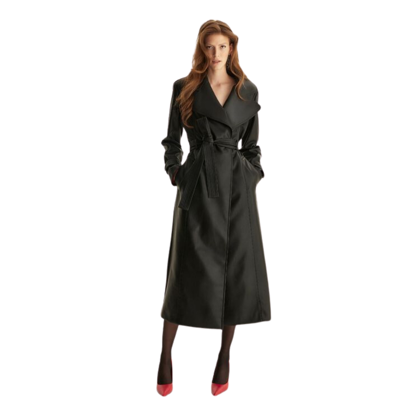Sasha Sleek Black Leather Wrap Coat