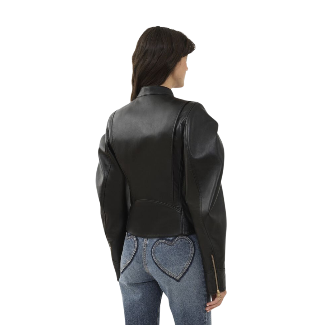 Elevate your style with our Versatile Genuine Leather Jacket featuring draped puff sleeves. Wear it as a jacket or a top, with its crew neckline and asymmetrical zipper closure. Complete with gold accent zips and eyelets for a luxurious look. Shop now our real leather jacket