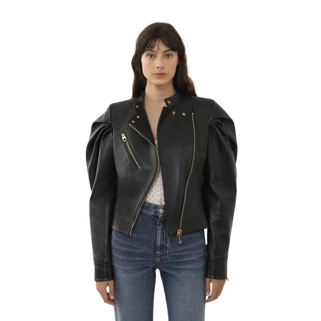 Elevate your style with our Versatile Genuine Leather Jacket featuring draped puff sleeves. Wear it as a jacket or a top, with its crew neckline and asymmetrical zipper closure. Complete with gold accent zips and eyelets for a luxurious look. Shop now our real leather jacket
