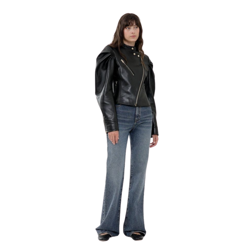Elevate your style with our Versatile Genuine Leather Jacket featuring draped puff sleeves. Wear it as a jacket or a top, with its crew neckline and asymmetrical zipper closure. Complete with gold accent zips and eyelets for a luxurious look. Shop now our real leather jacket