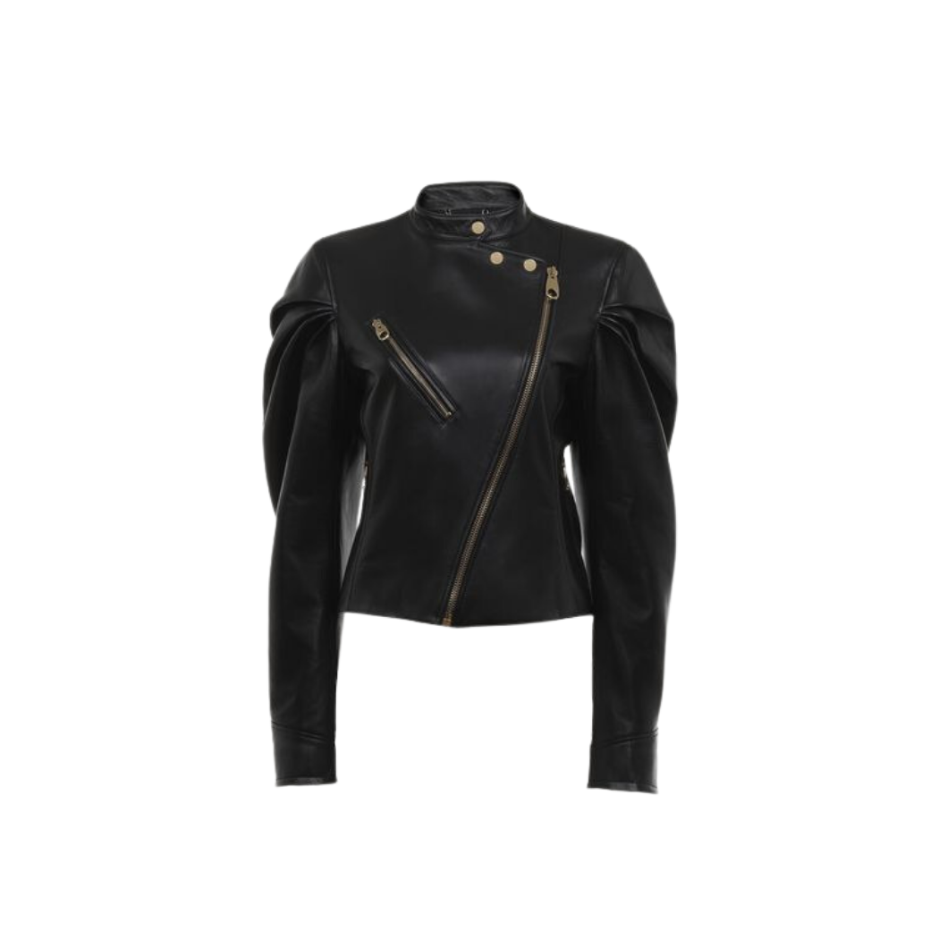 Elevate your style with our Versatile Genuine Leather Jacket featuring draped puff sleeves. Wear it as a jacket or a top, with its crew neckline and asymmetrical zipper closure. Complete with gold accent zips and eyelets for a luxurious look. Shop now our real leather jacket