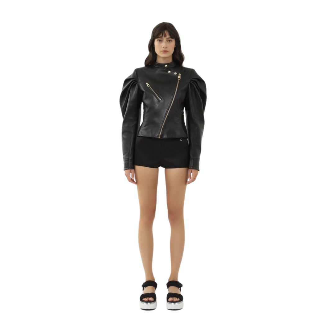 Elevate your style with our Versatile Genuine Leather Jacket featuring draped puff sleeves. Wear it as a jacket or a top, with its crew neckline and asymmetrical zipper closure. Complete with gold accent zips and eyelets for a luxurious look. Shop now our real leather jacket