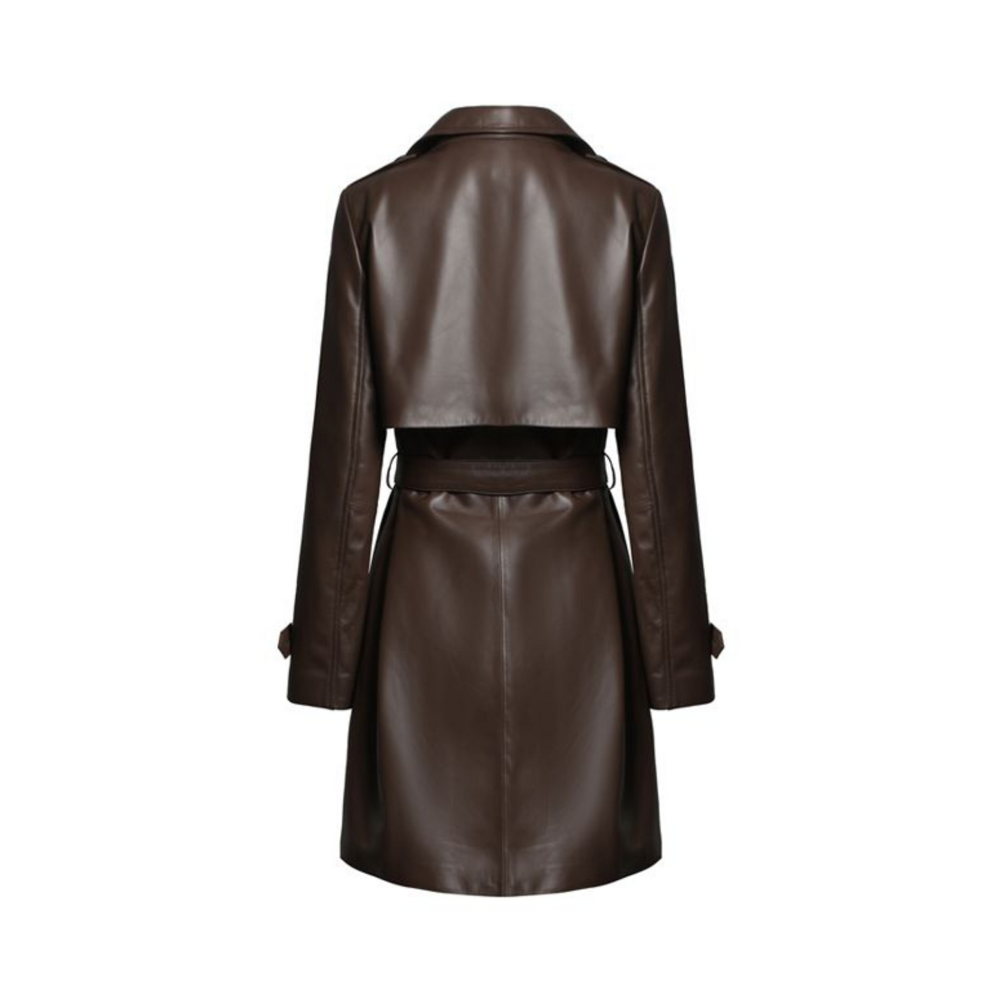 Upgrade your wardrobe with our stylish double-breasted brown midi leather coat, featuring a lapel collar, waist belt for a tailored fit, and eye-catching shoulder and wrist strap details. Made from durable genuine leather, this versatile coat offers the perfect balance of fashion and function. Enjoy custom sizing and a flawless fit when you shop at Movenera.