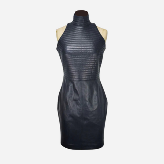 Solid Real leather Bodycon Women Sleeveless Mini Quilted Dress