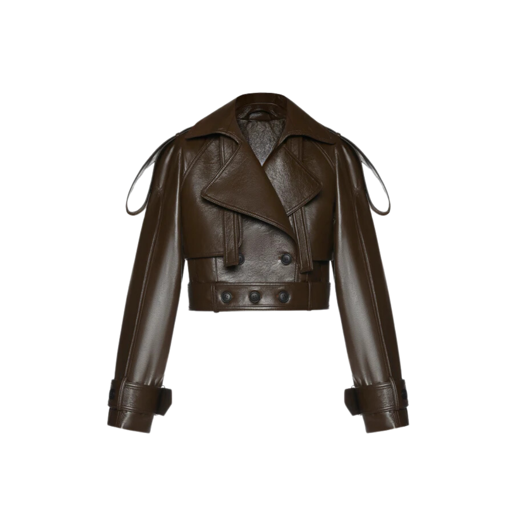 Elevate your style with our Sophisticated Brown Leather Jacket featuring a wide lapel collar, shoulder straps, and side body flaps. Double-breasted with hem button details and full sleeves with wrist belt detail. Comfortable and stylish, it's the perfect addition to your wardrobe. Shop now!