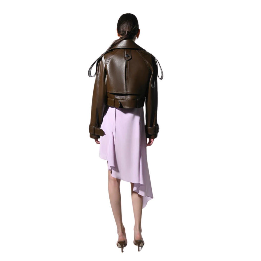 Elevate your style with our Sophisticated Brown Leather Jacket featuring a wide lapel collar, shoulder straps, and side body flaps. Double-breasted with hem button details and full sleeves with wrist belt detail. Comfortable and stylish, it's the perfect addition to your wardrobe. Shop now!