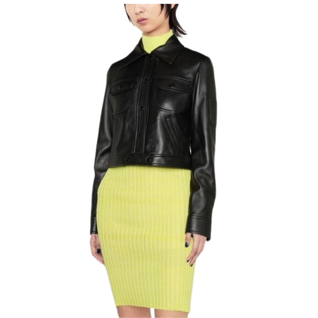 Stay versatile with our Genuine Leather Top/Jacket featuring black eyelets. Can be worn as a top or a jacket, with two front pockets and two slash pockets. Complete with waist eyelet details and a collar. Shop now for easy access and effortless style!