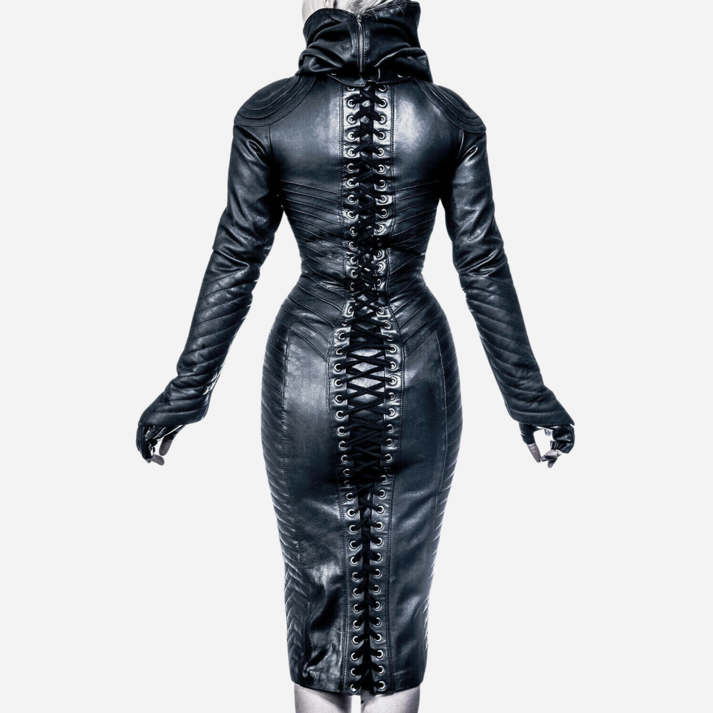 Women Black Leather Bodysuit Steampunk Quilted Leather Bodycon Party Dress