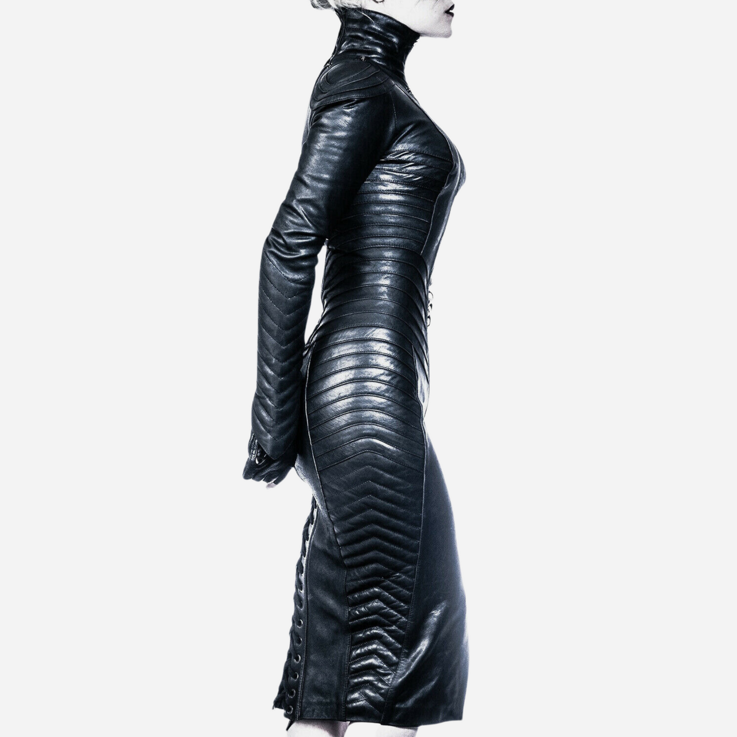 Women Black Leather Bodysuit Steampunk Quilted Leather Bodycon Party Dress