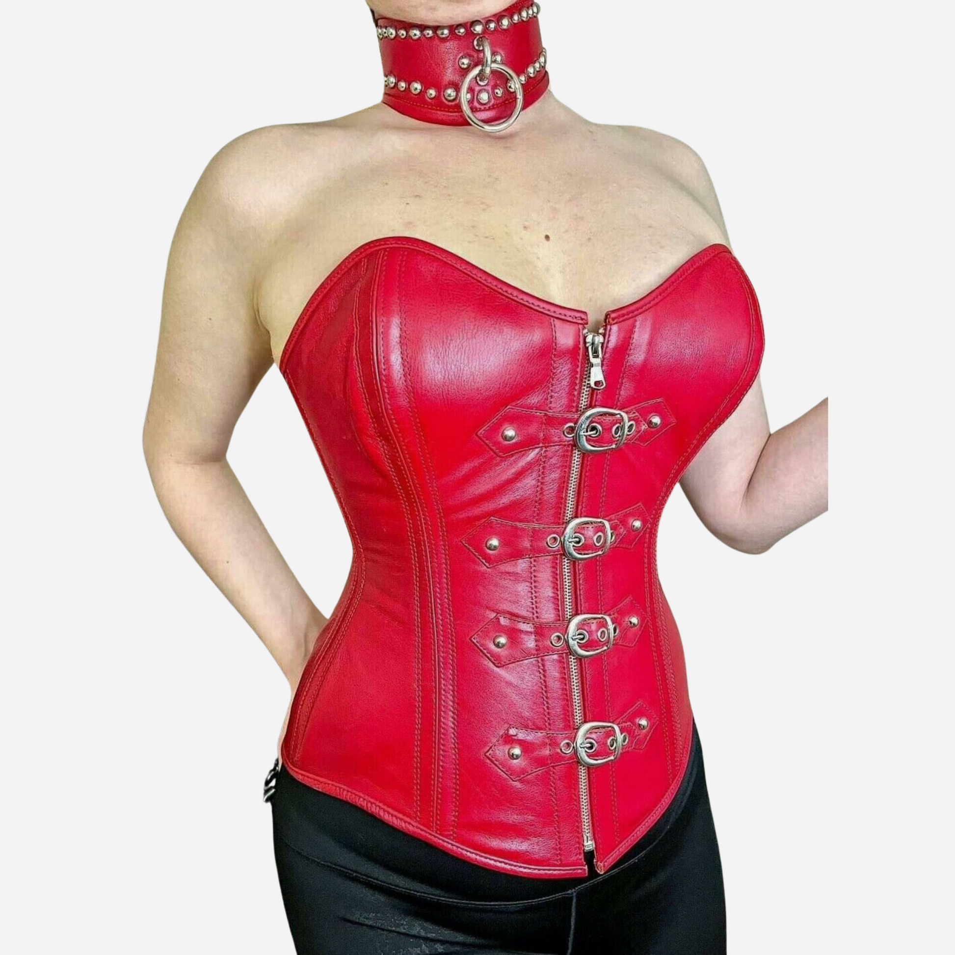 Women Overbust Corset made of real leather with steel boning for an hourglass shape.