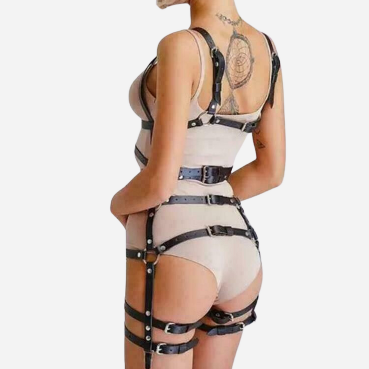 Women's Real Leather Cage Body Harness with Garters Fully Adjustable Straps.