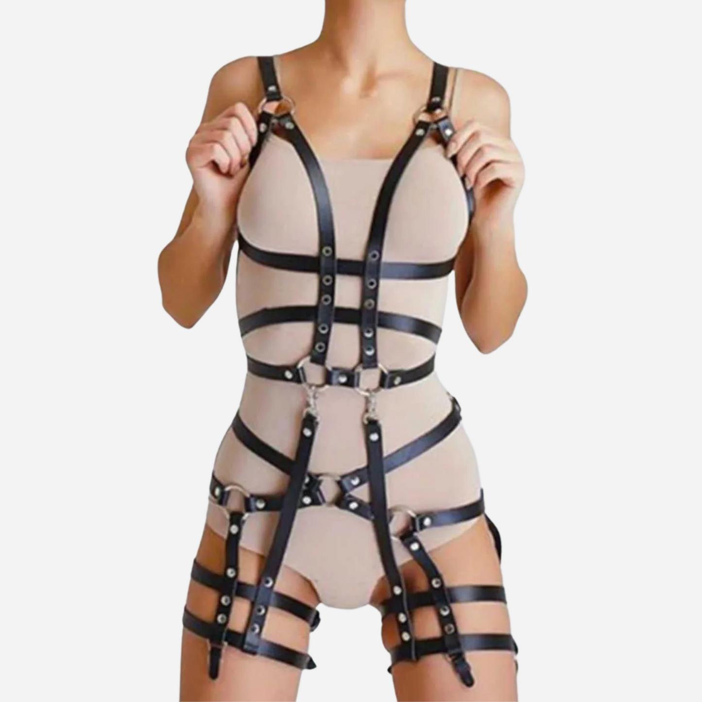 Women's Real Leather Cage Body Harness with Garters Fully Adjustable Straps.