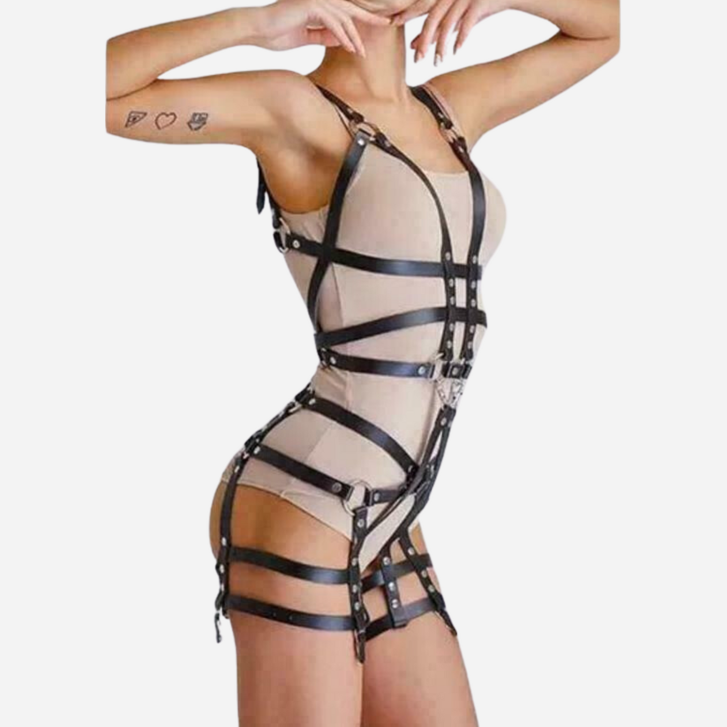 Women's Real Leather Cage Body Harness with Garters Fully Adjustable Straps.