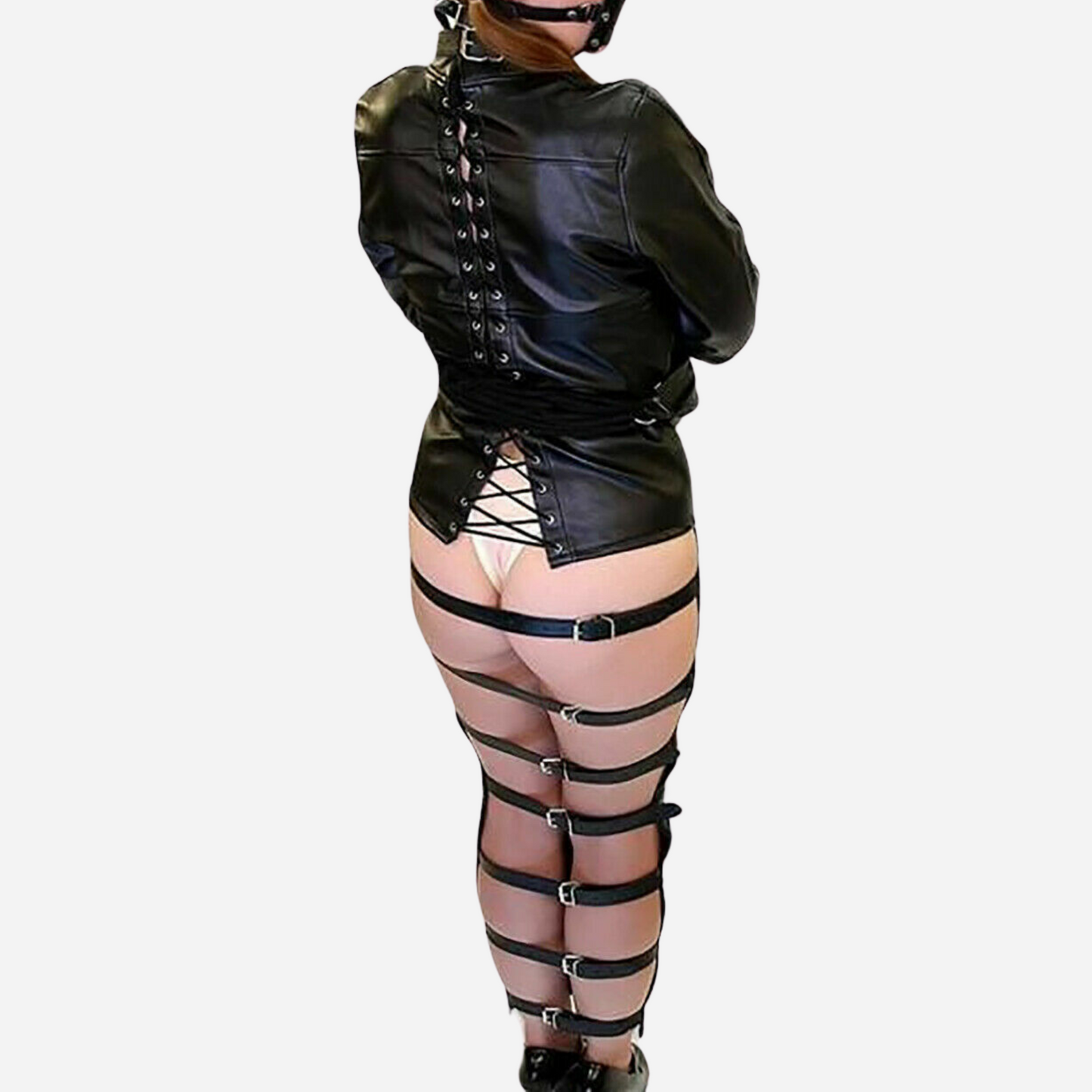 Real leather Fetish dress with arm binder and lace up back.