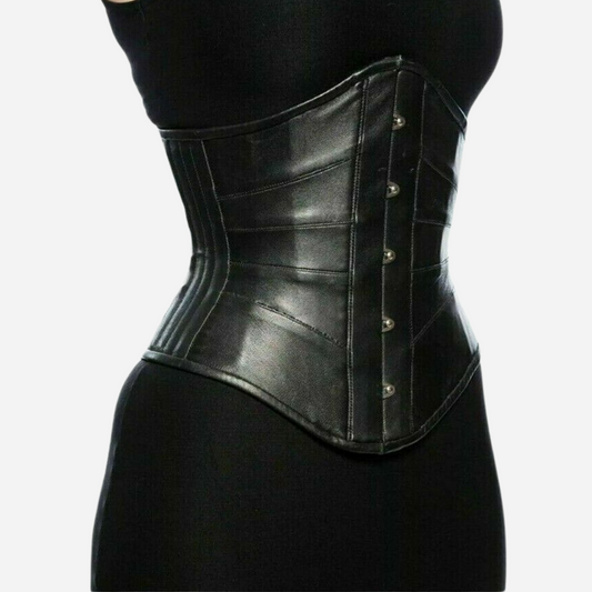 Leather Under Bust Corset with Steel Boned Waist Cincher waist-shaping fit, durable, adjustable, and stylish corset.