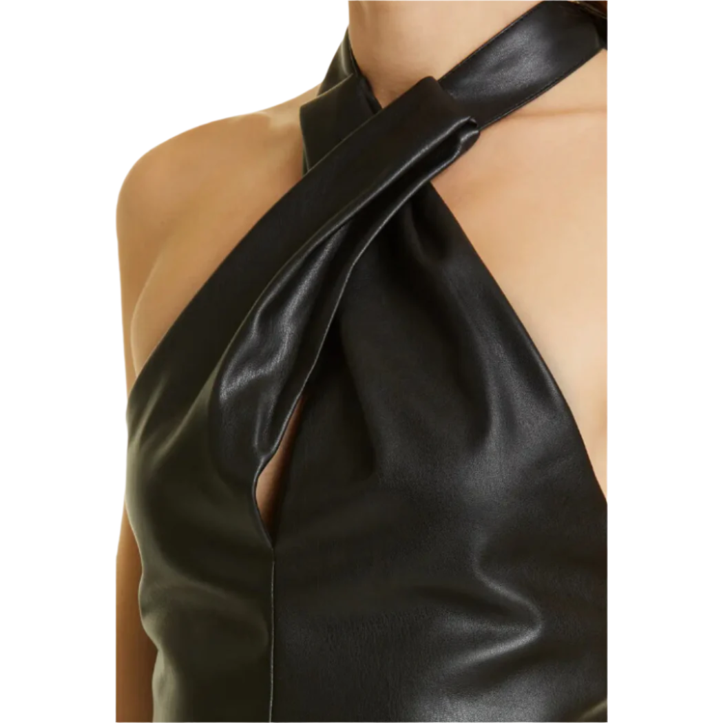 Avery Bralette Top, handcrafted from premium black genuine leather. Featuring dual styling options and a backless halter top design, this versatile piece offers effortless sophistication. Perfect for adding a touch of luxury to any ensemble. a perfect club wear, date outfit, chic outfit.