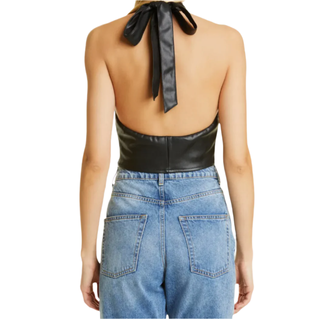 Avery Bralette Top, handcrafted from premium black genuine leather. Featuring dual styling options and a backless halter top design, this versatile piece offers effortless sophistication. Perfect for adding a touch of luxury to any ensemble. a perfect club wear, date outfit, chic outfit.