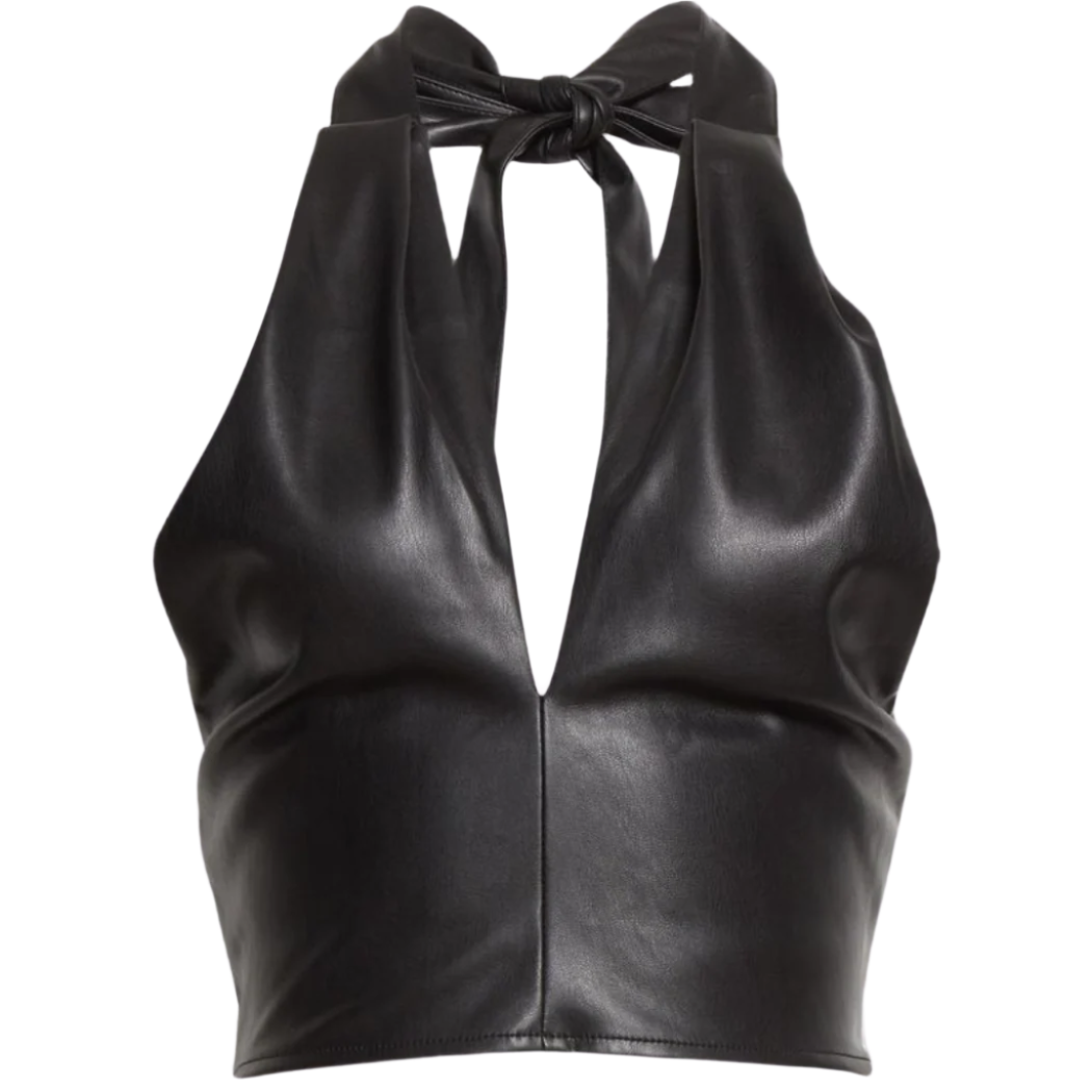 Avery Bralette Top, handcrafted from premium black genuine leather. Featuring dual styling options and a backless halter top design, this versatile piece offers effortless sophistication. Perfect for adding a touch of luxury to any ensemble. a perfect club wear, date outfit, chic outfit.