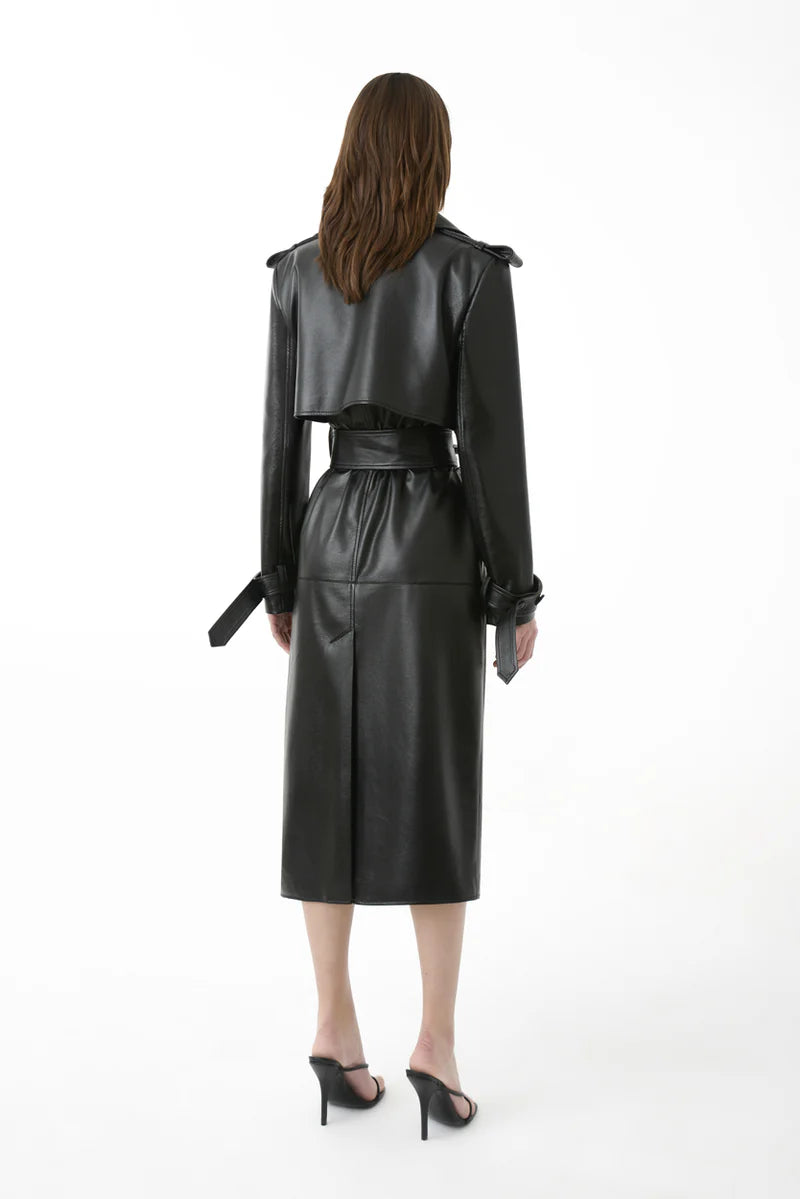 Black genuine leather trench coat with lapel collar, double-breasted design, adjustable waist belt, shoulder flap, and wrist straps – lilibet clothing
