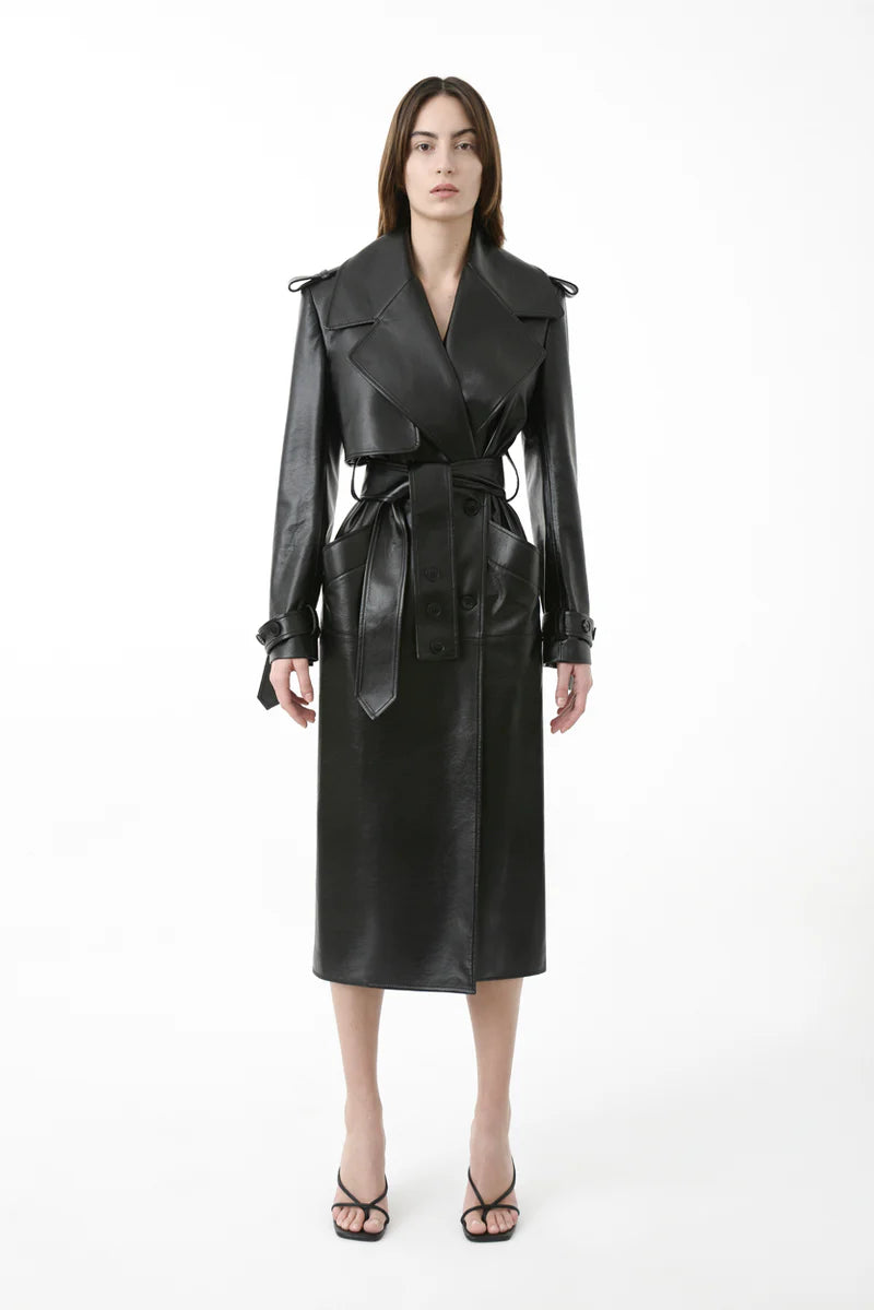 Black genuine leather trench coat with lapel collar, double-breasted design, adjustable waist belt, shoulder flap, and wrist straps – lilibet clothing