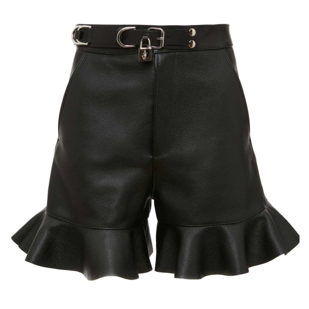 Black pebble leather shorts with buckle waist belt, front zipper, flared hem, two front slash pockets, and two back pockets – stylish and chic leather shorts by lilibet.