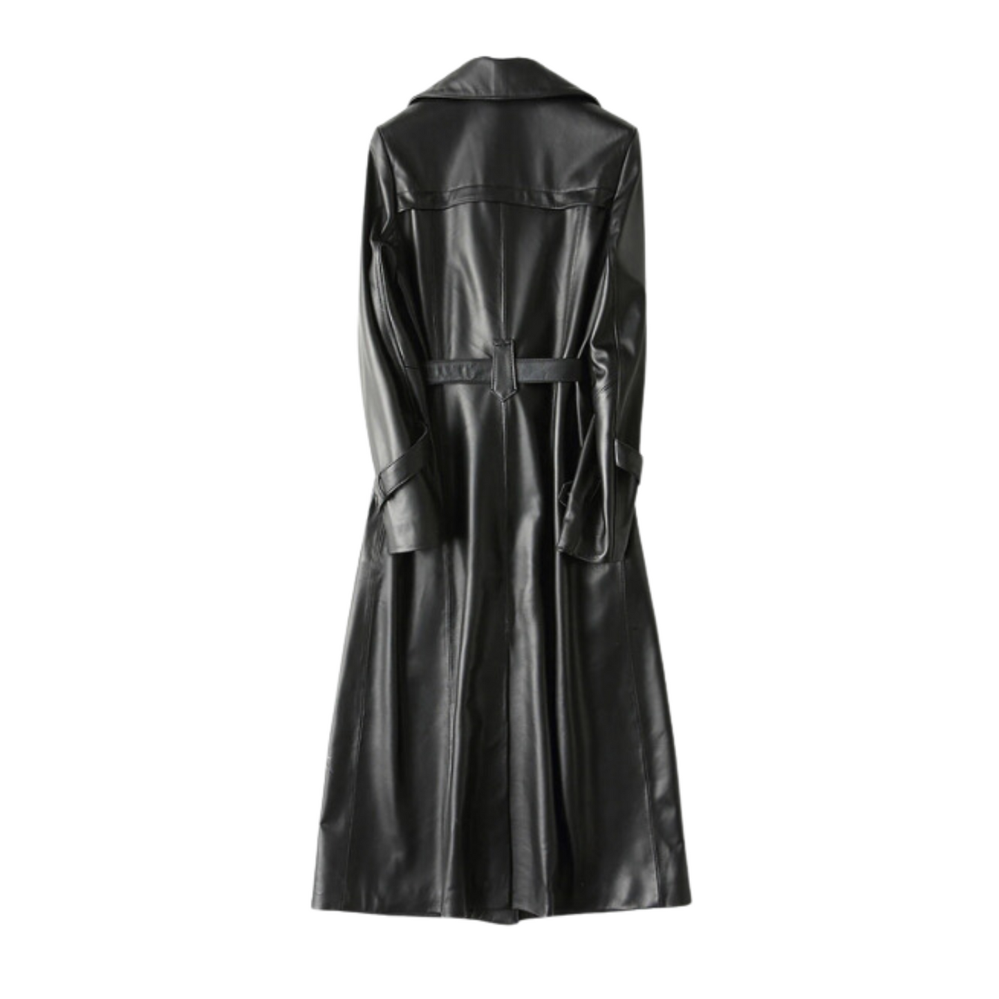 Lilibet's genuine black leather trench coat with a lapel collar, shoulder straps, and detachable waist belt. Fully lined for comfort, this leather trench coat offers sleek style and versatility. Shop now for premium quality!