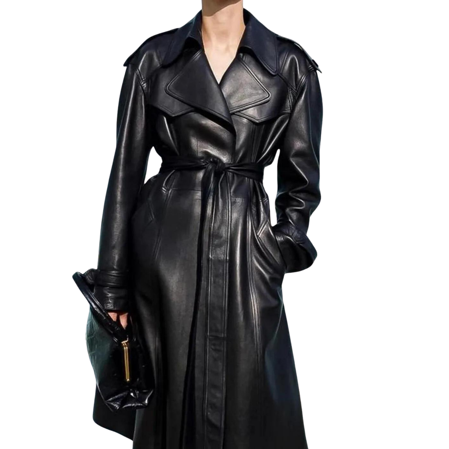 Lilibet's genuine black leather trench coat with a lapel collar, shoulder straps, and detachable waist belt. Fully lined for comfort, this leather trench coat offers sleek style and versatility. Shop now for premium quality!