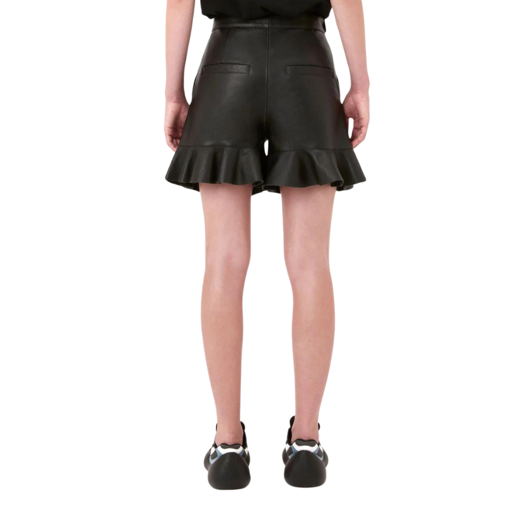 Gail Black Leather Shorts with Hem Flare