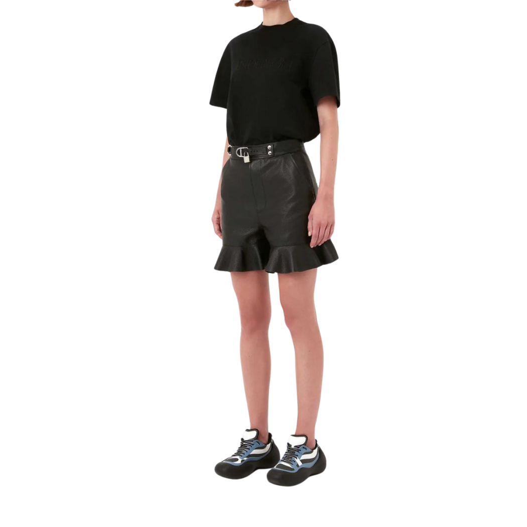 Gail Black Leather Shorts with Hem Flare
