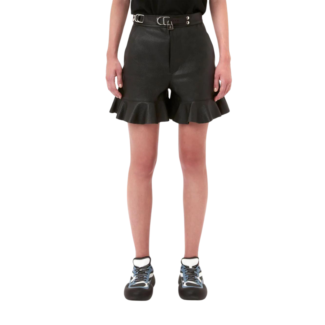Black pebble leather shorts with buckle waist belt, front zipper, flared hem, two front slash pockets, and two back pockets – stylish and chic leather shorts by lilibet.