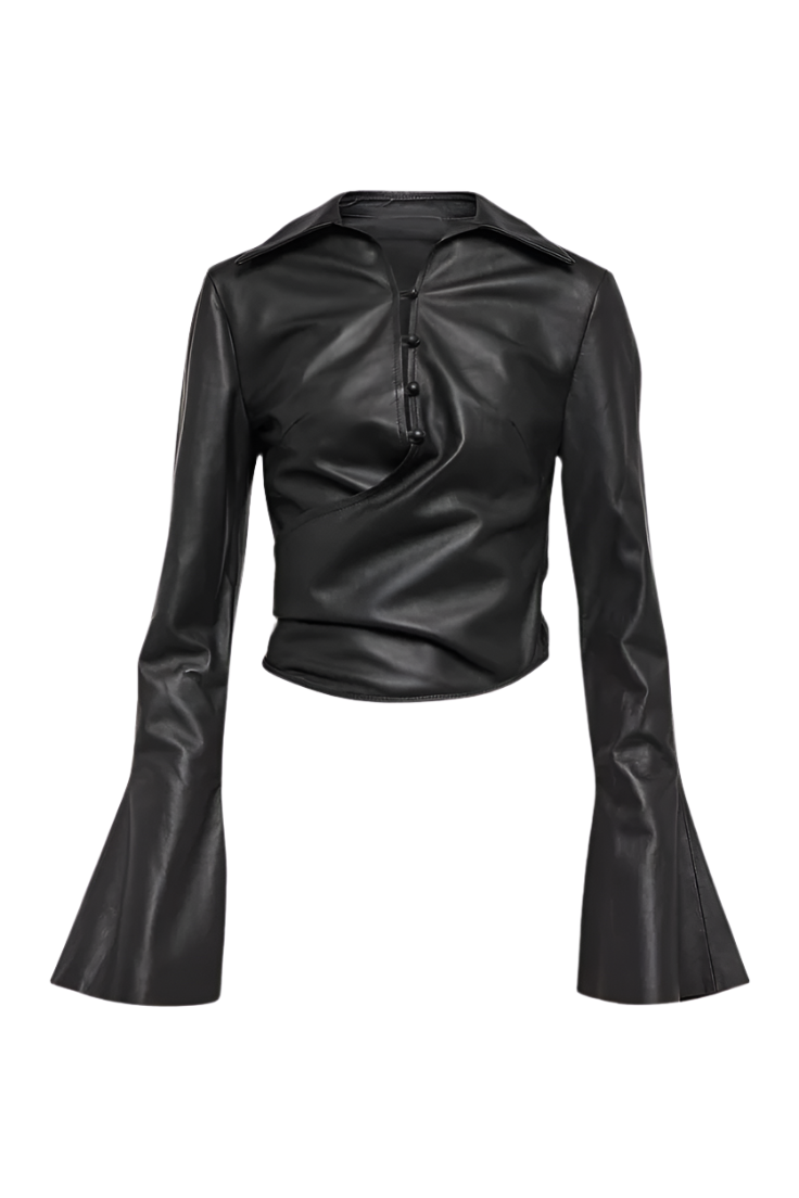 clara black leather shirt with flare sleeves