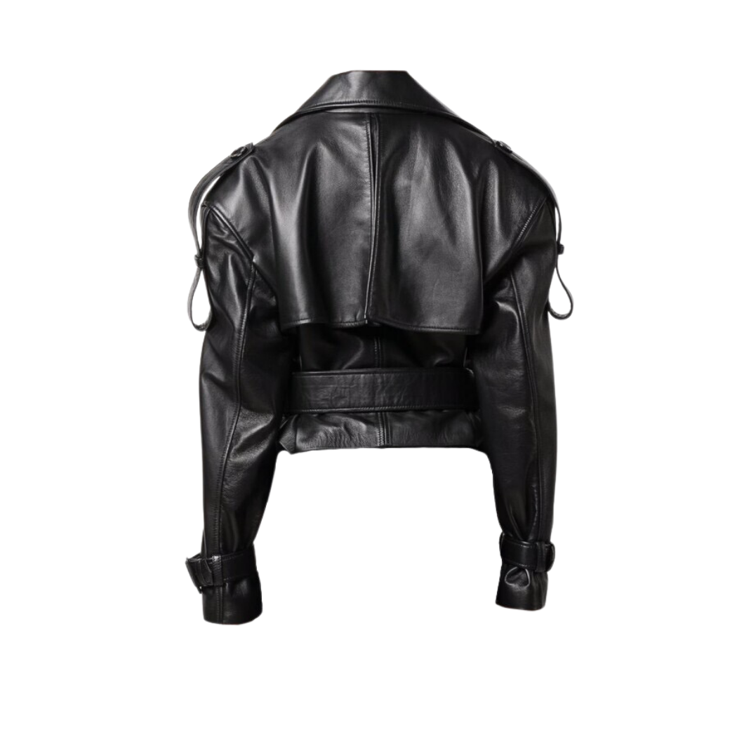 Revamp your style with our premium genuine leather jacket. This chic piece boasts a lapel collar, waist belt, and intricate shoulder & wrist belt details for a sophisticated look. Perfect for elevating any outfit, this jacket exudes timeless elegance and durability, making it a must-have addition to your wardrobe.